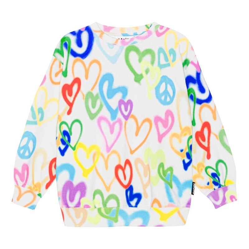 molo monti sweatshirt crafted from organic cotton. this off-white sweatshirt features a colorful all over spray paint design of hearts and has ribbed edges.