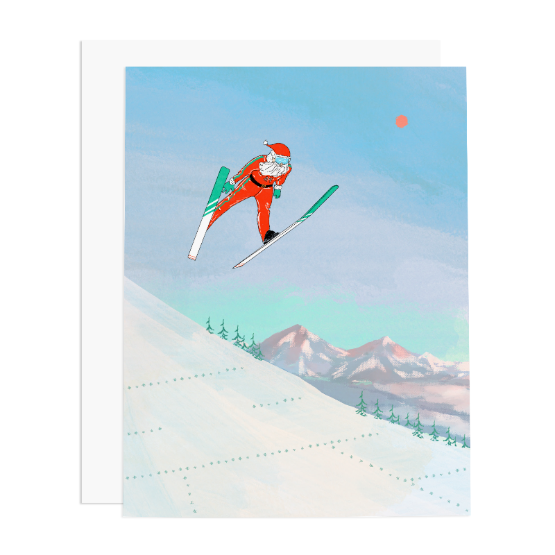 ski jump santa greeting card