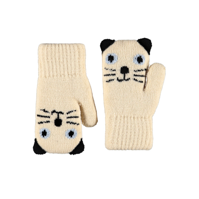 Pair of cream-colored mittens with cat molo kenau mittens