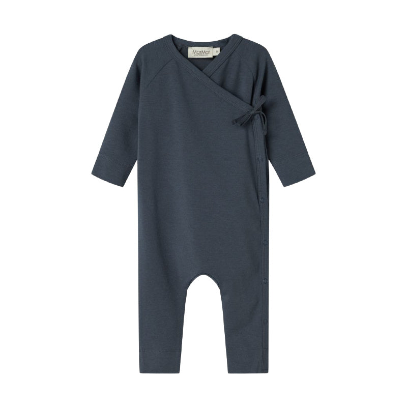 Navy blue baby romper with a bow