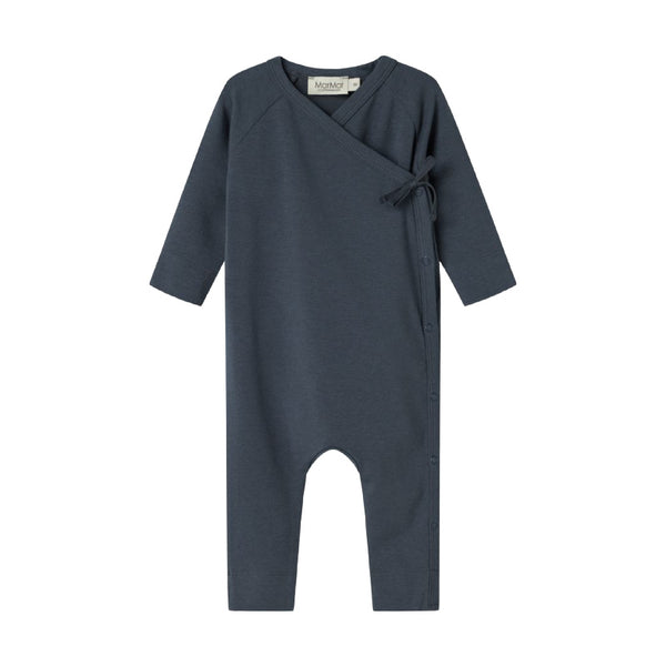 Navy blue baby romper with a bow