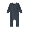 Navy blue baby romper with a bow