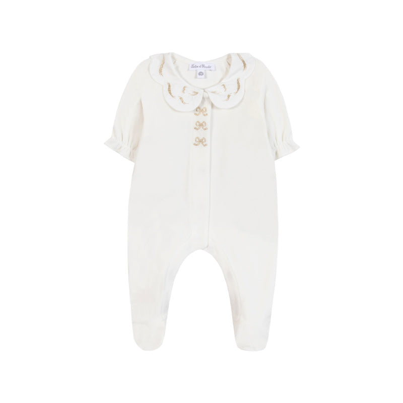 tartine et chocolat embroidered baby romper ecru/gold
