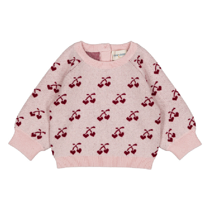 Pink sweater with red cherry pattern 
