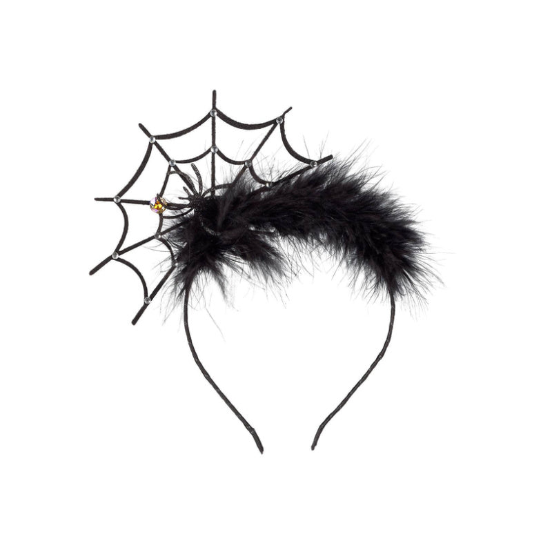 Black spider web headband with feather accents 
