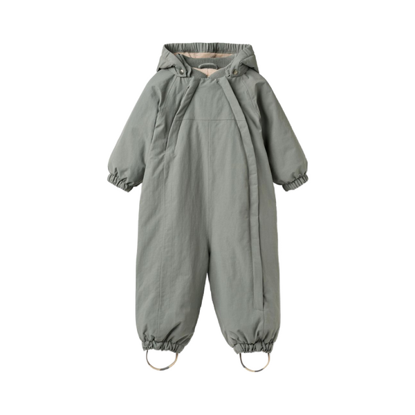 A sage green hooded one-piece jumpsuit with elastic cuffs 