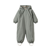 A sage green hooded one-piece jumpsuit with elastic cuffs 