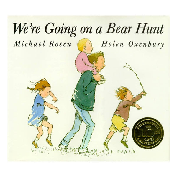 Book cover of 'We're Going on a Bear Hunt' with illustrations of three children running.