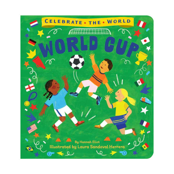 Children's book cover titled 'World Cup' with illustrations of children playing soccer and world flags.