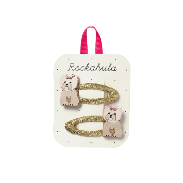 gold ribbon wrapped snap clips with puppies design.