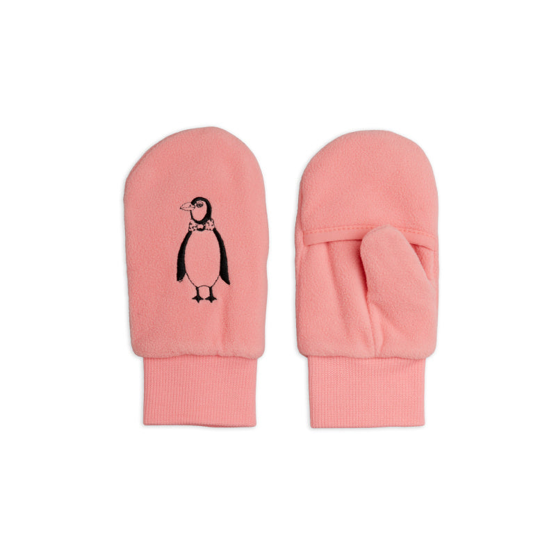 mini rodini penguin emb microfleece overlapping mittens pink
