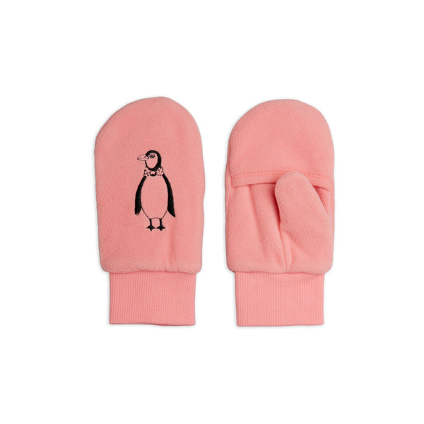 mini rodini penguin emb microfleece overlapping mittens pink