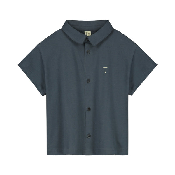 gray label collared shirt blue grey
