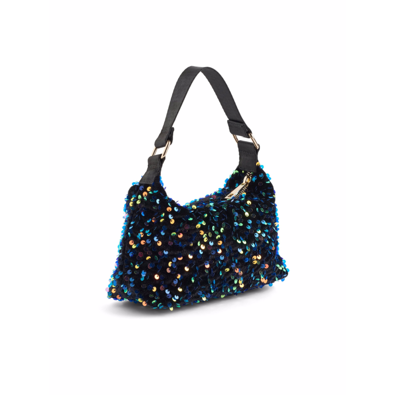 A small hobo shoulder bag covered in dark blue and black sequins with iridescent multicolor reflections, featuring a black strap and gold-tone hardware