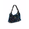 A small hobo shoulder bag covered in dark blue and black sequins with iridescent multicolor reflections, featuring a black strap and gold-tone hardware