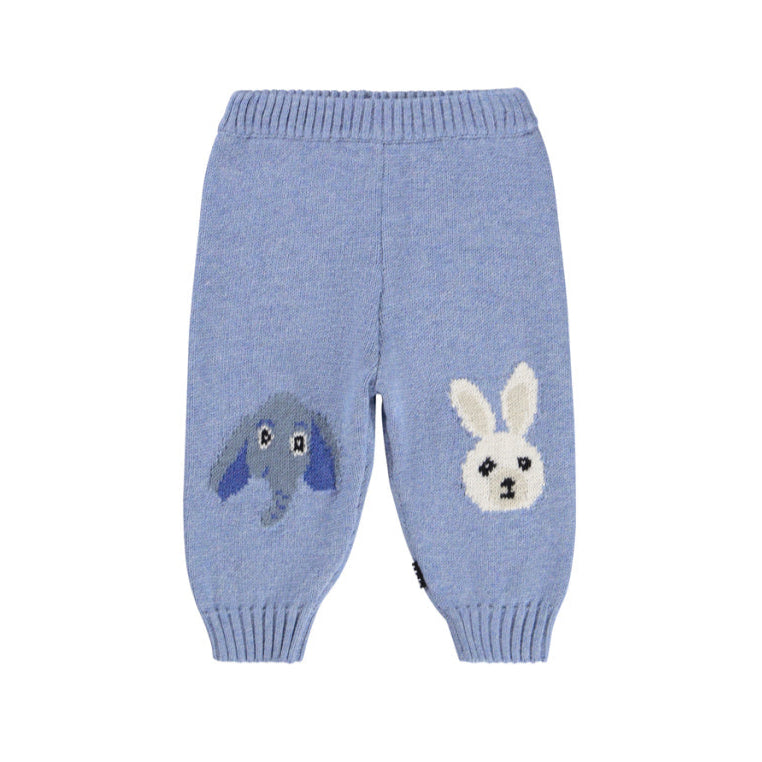 molo Blue knitted baby pants with animal face designs