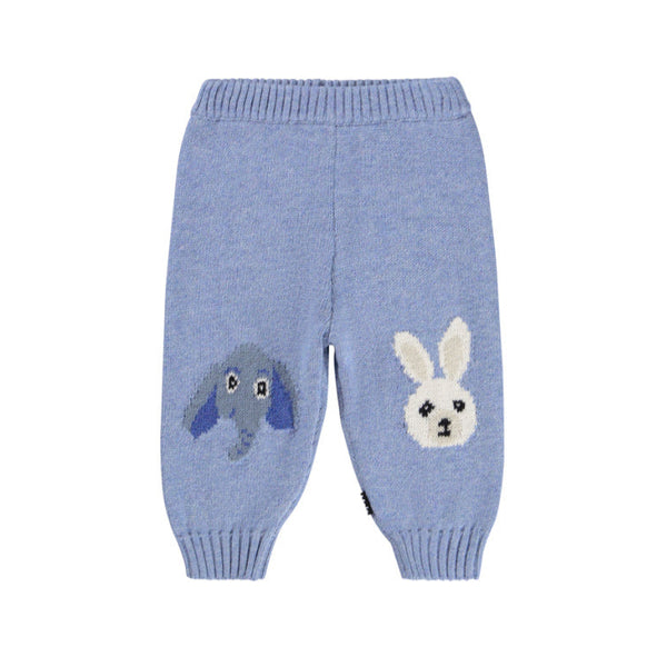 molo Blue knitted baby pants with animal face designs