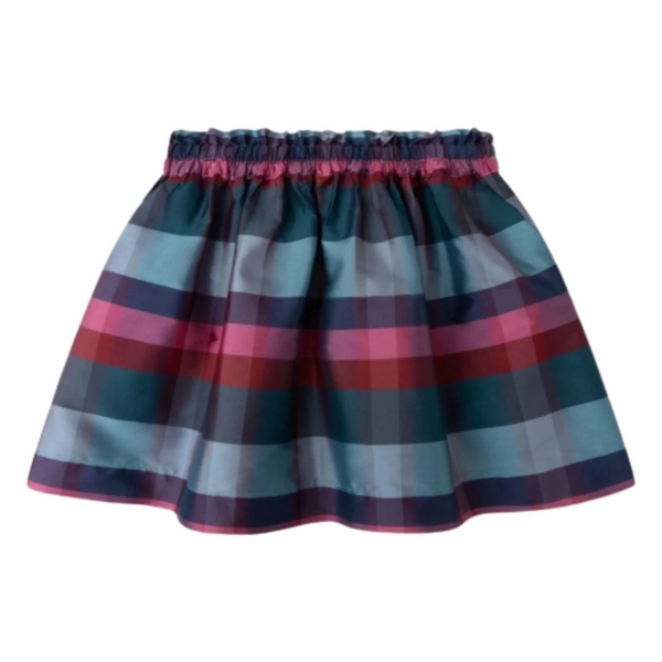 A plaid mini skirt with an elastic waistband, featuring stripes of teal, navy, magenta, and light blue