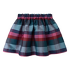 A plaid mini skirt with an elastic waistband, featuring stripes of teal, navy, magenta, and light blue