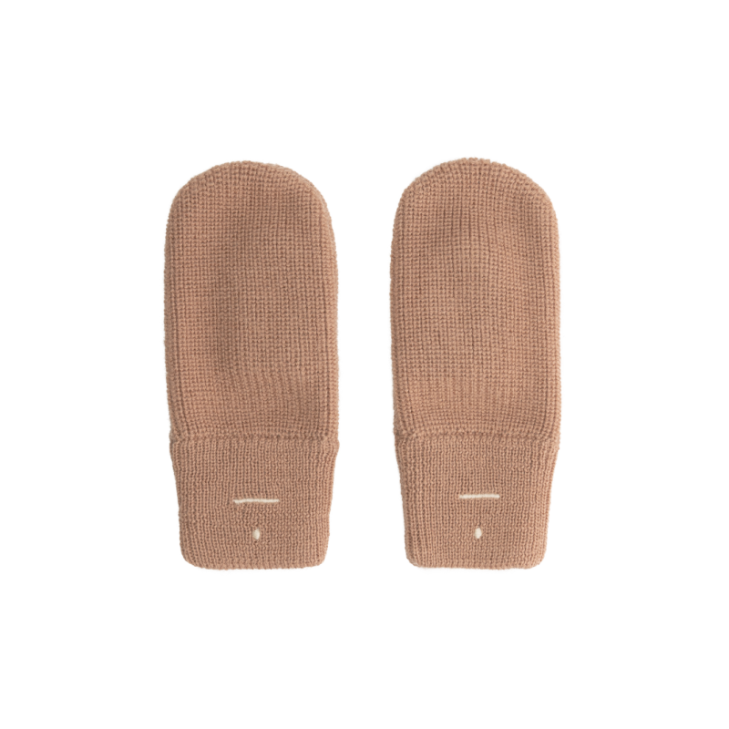 gray label knitted mittens biscuit