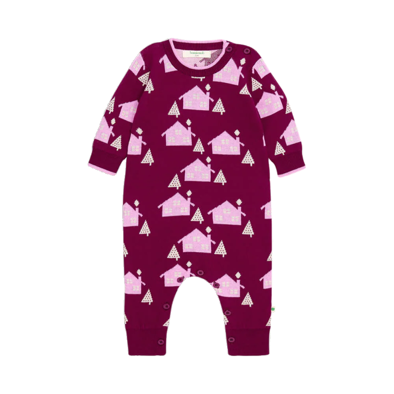 the bonnie mob forest cabin knit baby playsuit pomegranate