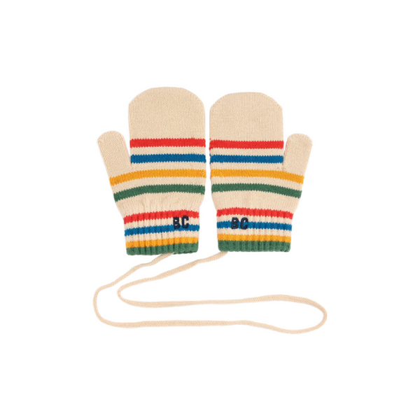 bobo choses tic tac toe knitted striped baby mittens beige