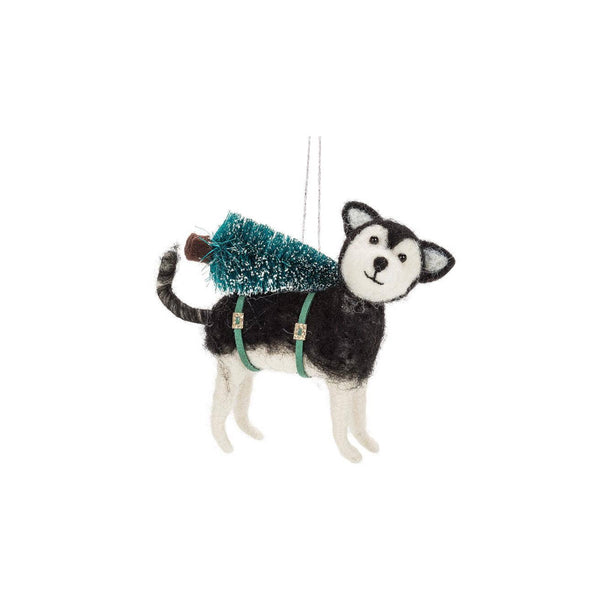 husky with tree ornament