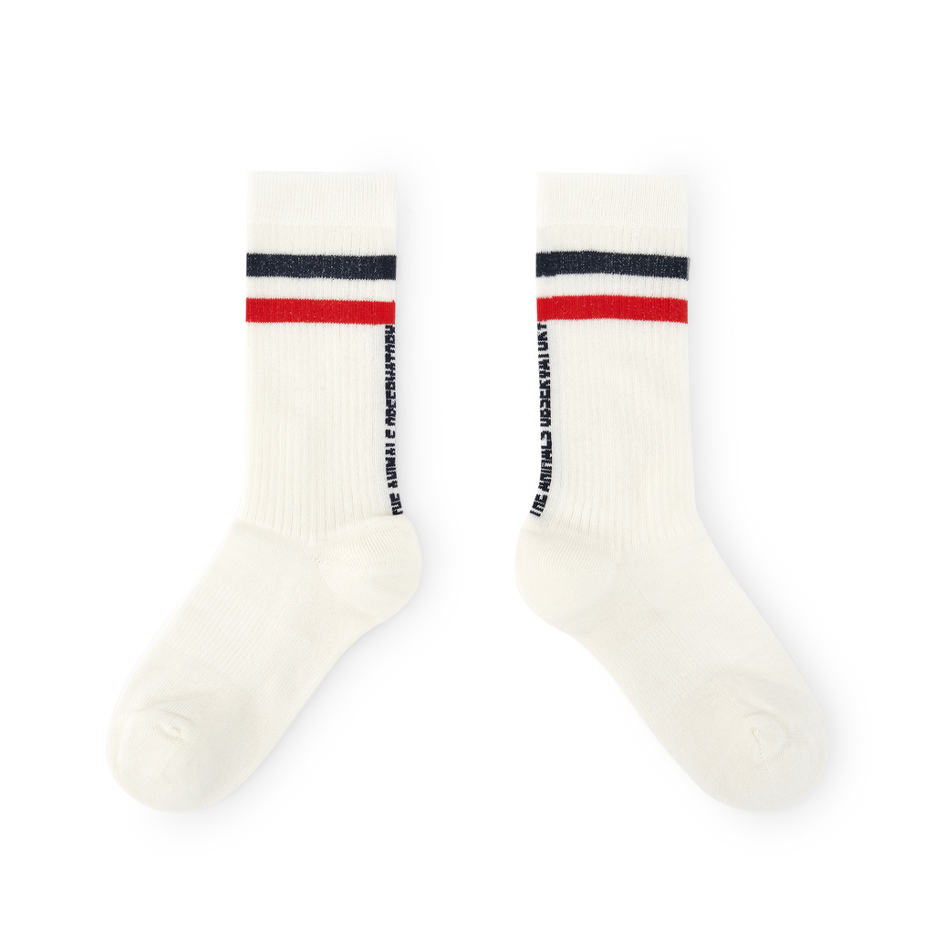 Pair of white socks with red and black stripes 