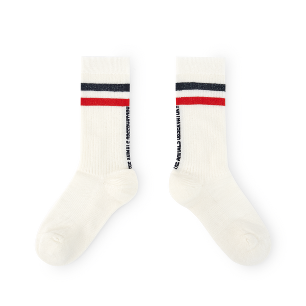 Pair of white socks with red and black stripes 
