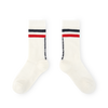 Pair of white socks with red and black stripes 