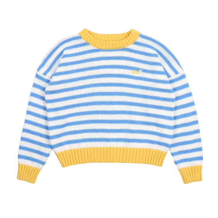 the new society marigold sweater vista blue stripes