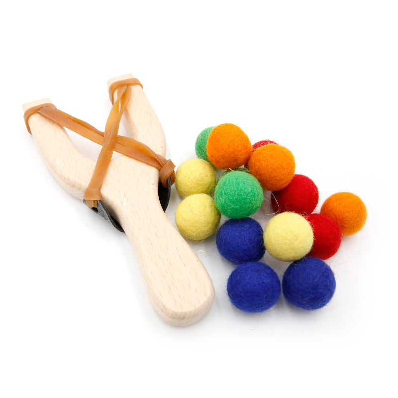 wooden slingshot with felt balls