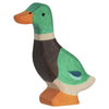 Wooden duck toy with green body, brown wings, and orange feet 