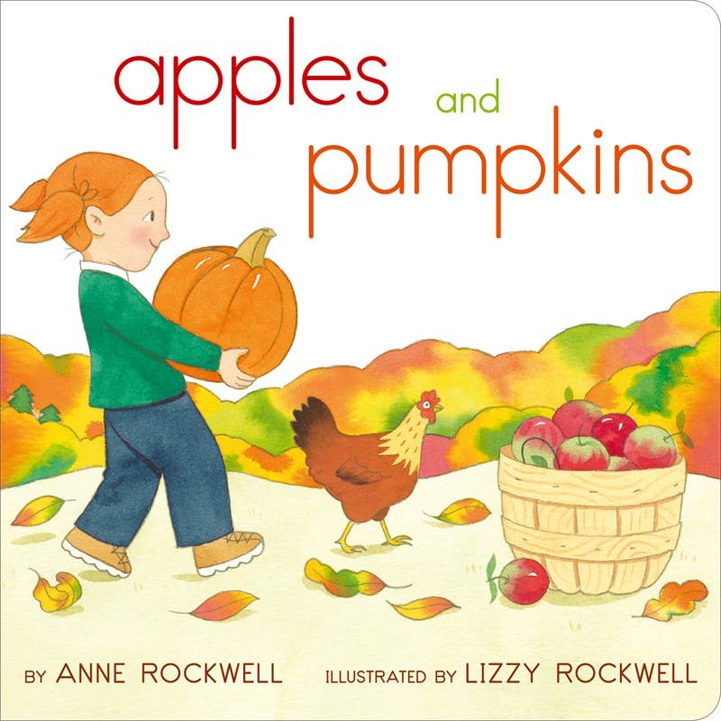 Book cover of 'Apples and Pumpkins' with a girl holding a pumpkin and a chicken in the background.