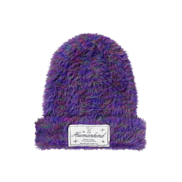 Purple fuzzy beanie with a brand label 