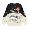 Sweatshirt with space-themed design featuring rockets, planets, and alien characters on a white background.