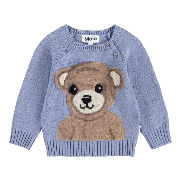 molo Blue baby sweater with a teddy bear design