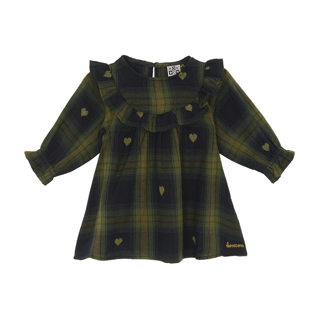 Green plaid dress with heart patterns