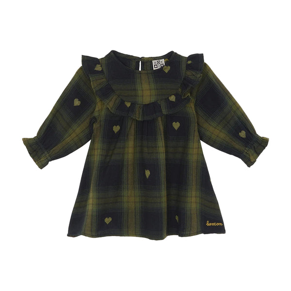 Green plaid dress with heart patterns