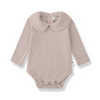A baby long-sleeve bodysuit in a light dusty pink ribbed knit, featuring a Peter Pan collar and three snap buttons 