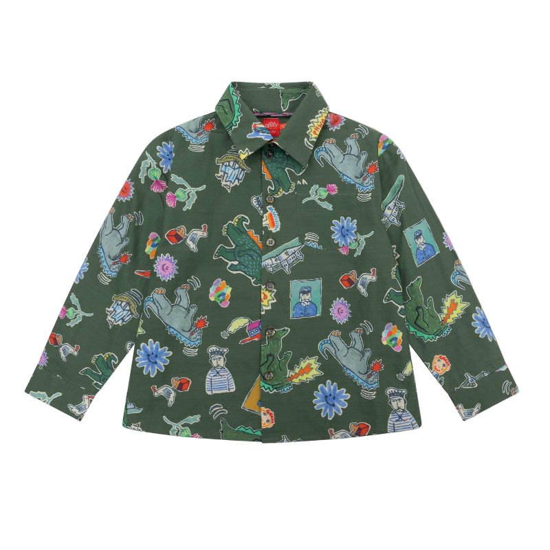 Green shirt with colorful pattern 