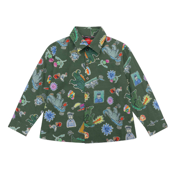 Green shirt with colorful pattern 
