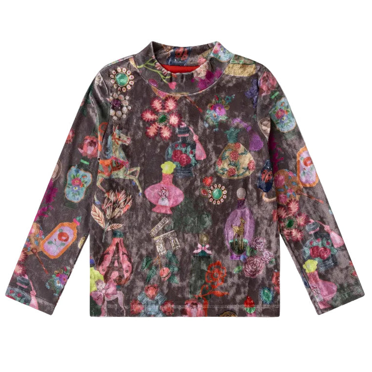 oilily hiver velvet paris print mockneck shirt taupe