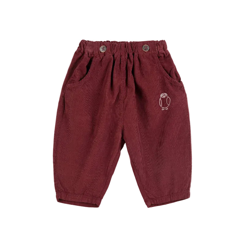 bobo choses curious owl corduroy baby pants burgundy