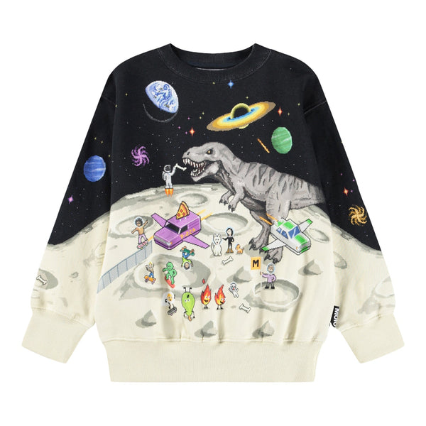 Sweatshirt with a colorful graphic design of a dinosaur on the moon, planets, and space-themed elements.