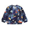 Sweatshirt with space-themed design featuring rockets, aliens, and planets on a blue galaxy background.