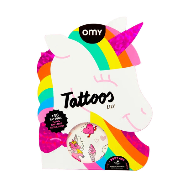 Pack of unicorn-themed tattoos with colorful design 