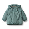 A sage green hooded puffer jacket with elasticized cuffs and hem, laid flat on a white background.