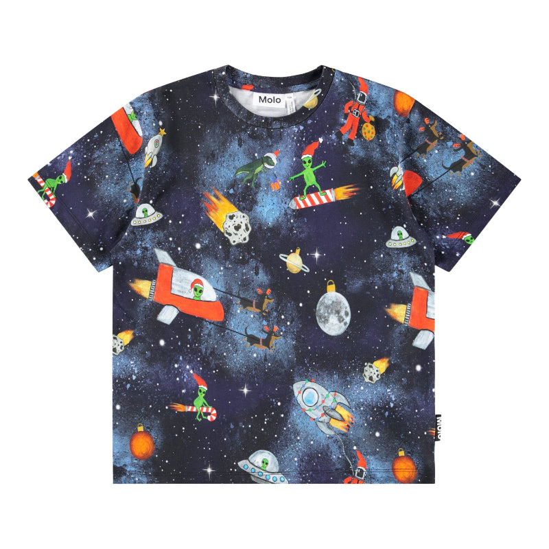 Children's t-shirt with space-themed design featuring rockets, aliens, and planets on a blue background.