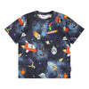 Children's t-shirt with space-themed design featuring rockets, aliens, and planets on a blue background.